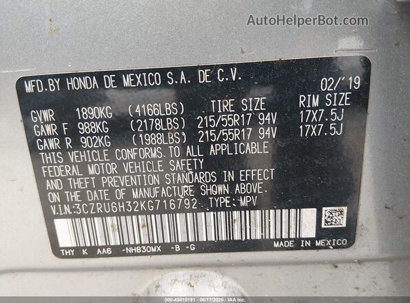 3CZRU6H32KG716792 2019 HONDA HR-V Silver Вид підкапотного простору