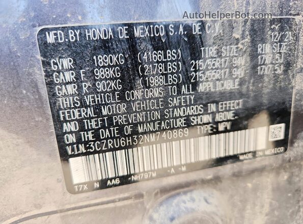 3CZRU6H32NM740869 2022 HONDA HR-V Gray VIN კოდის სტიკერის ხედი