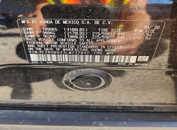 3CZRU6H33LM737847 2020 HONDA HR-V Black Vista del compartimento del motor