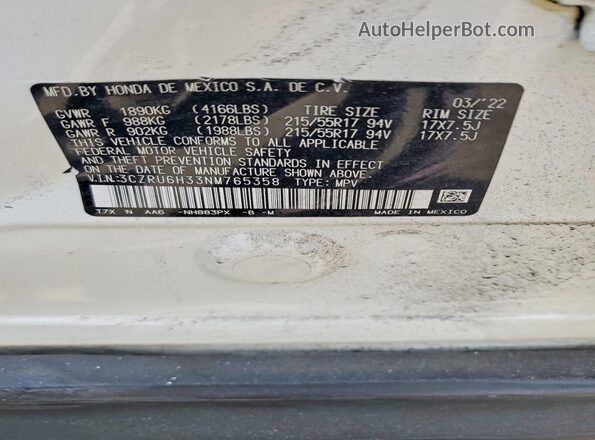3CZRU6H33NM765358 2022 HONDA HR-V White Vista interior de 360 grados