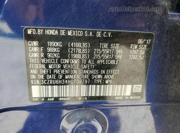 3CZRU6H34HG708797 2017 HONDA HR-V Blue Widok naklejki z numerem VIN