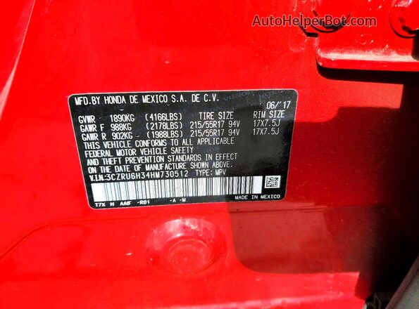 3CZRU6H34HM730512 2017 HONDA HR-V Red 