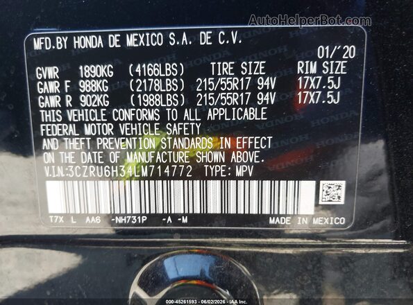 3CZRU6H34LM714772 2020 HONDA HR-V Black Widok komory silnika