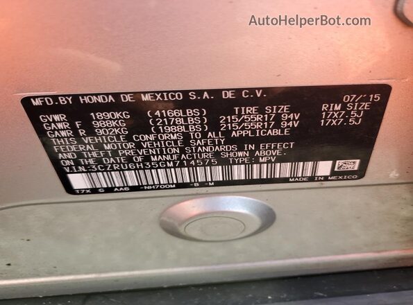 3CZRU6H35GM714575 2016 HONDA HR-V Gray 