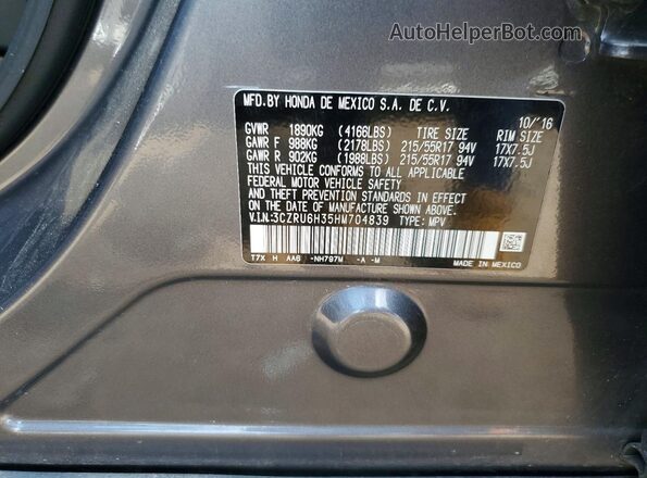 3CZRU6H35HM704839 2017 HONDA HR-V Gray Vista de la etiqueta del VIN