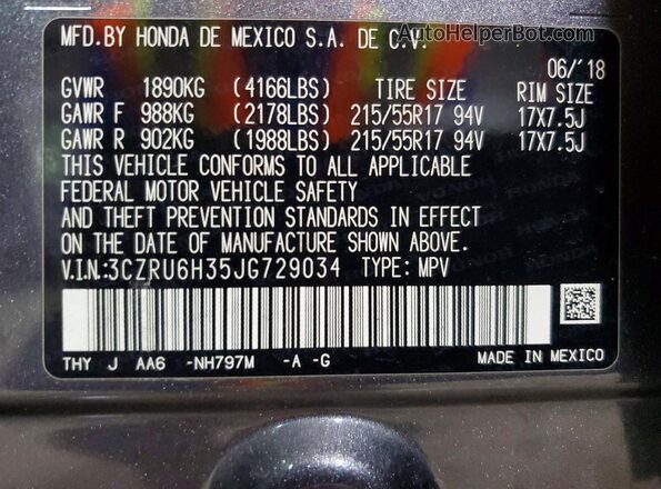 3CZRU6H35JG729034 2018 HONDA HR-V Серый Вид наклейки с VIN-кодом