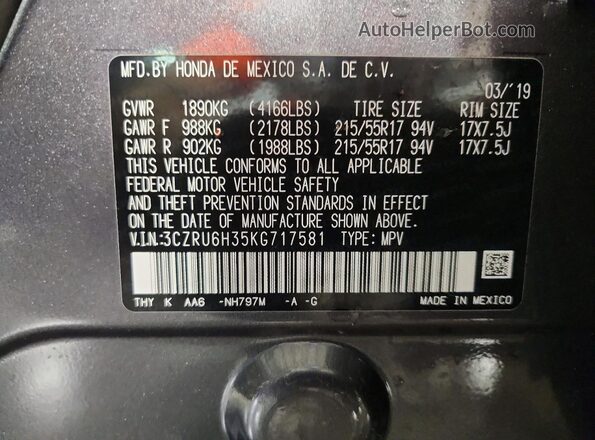 3CZRU6H35KG717581 2019 HONDA HR-V Gray Вид наклейки з VIN-кодом