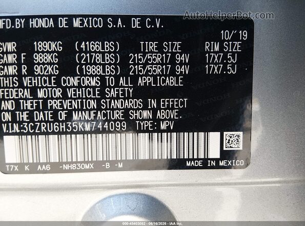 3CZRU6H35KM744099 2019 HONDA HR-V Silver Շարժիչի բաժամունքի տեսք