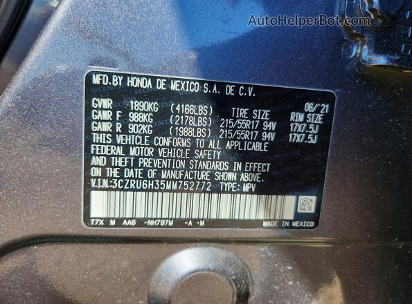 3CZRU6H35MM752772 2021 HONDA HR-V Gray VIN sticker view