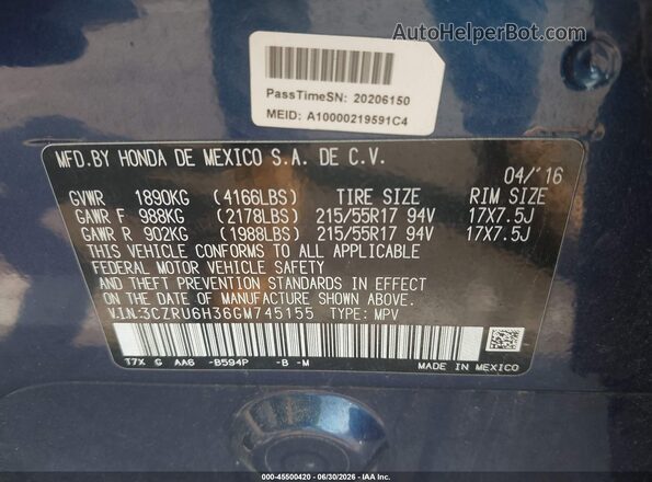 3CZRU6H36GM745155 2016 HONDA HR-V Синий Вид подкапотного пространства