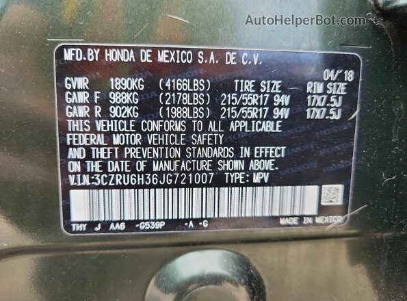 3CZRU6H36JG721007 2018 HONDA HR-V Green 