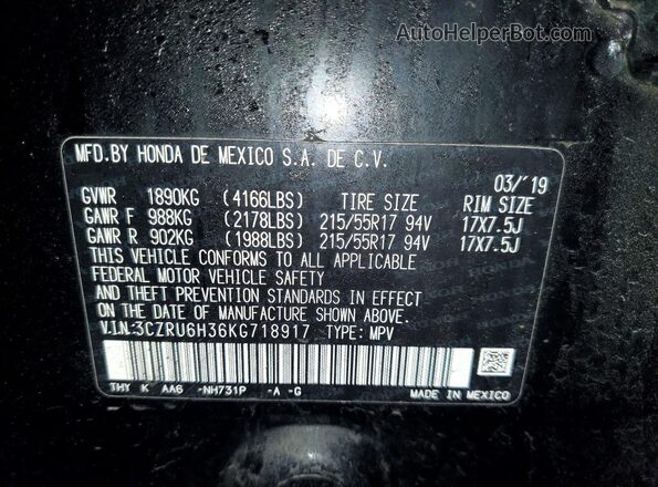 3CZRU6H36KG718917 2019 HONDA HR-V Black VIN կոդի պիտակի տեսք