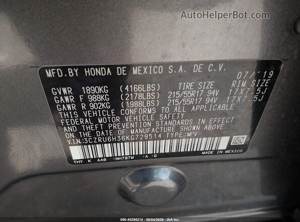 3CZRU6H36KG729514 2019 HONDA HR-V Gray Շարժիչի բաժամունքի տեսք