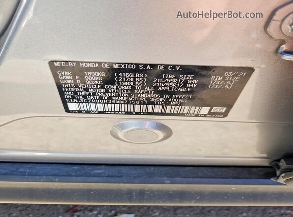 3CZRU6H36MM735611 2021 HONDA HR-V Silver Widok naklejki z numerem VIN