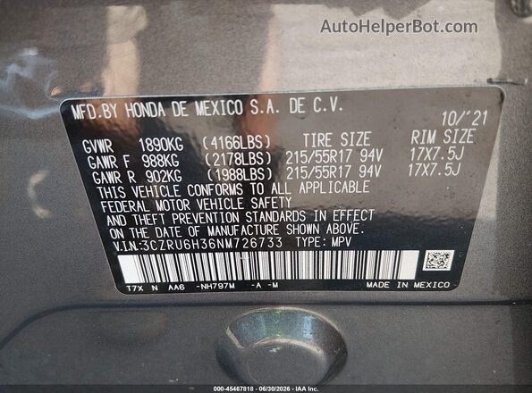 3CZRU6H36NM726733 2022 HONDA HR-V Gray ძრავის განყოფილების ხედი