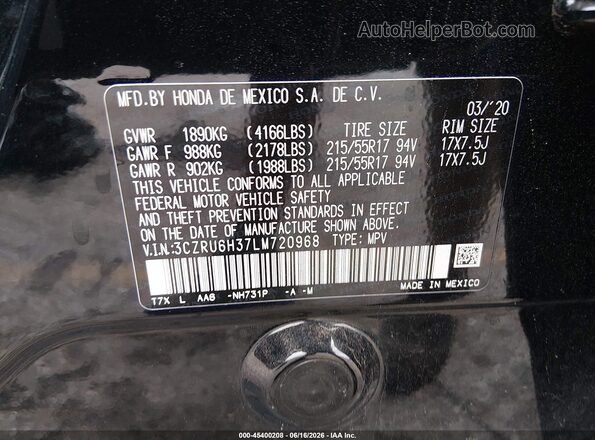 3CZRU6H37LM720968 2020 HONDA HR-V Black Вид підкапотного простору