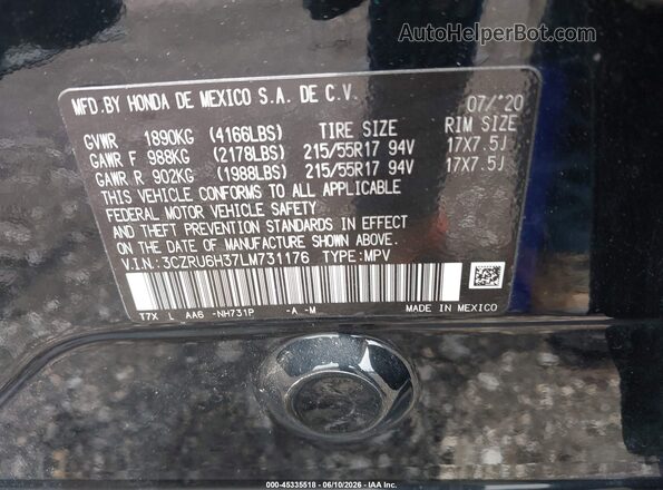 3CZRU6H37LM731176 2020 HONDA HR-V Black Vista del compartimento del motor