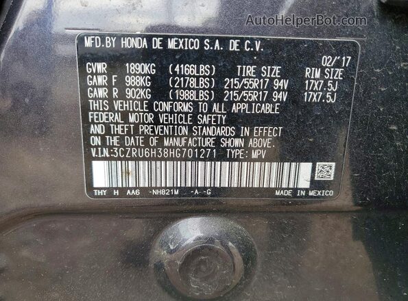 3CZRU6H38HG701271 2017 HONDA HR-V Gray Widok naklejki z numerem VIN