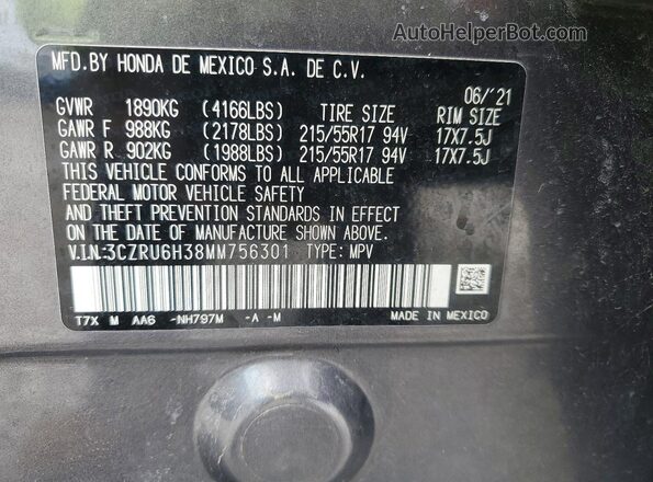 3CZRU6H38MM756301 2021 HONDA HR-V Gray VIN sticker view