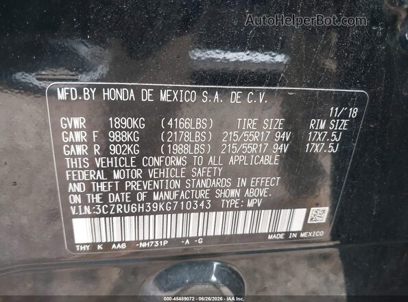 3CZRU6H39KG710343 2019 HONDA HR-V Black Vista del compartimento del motor