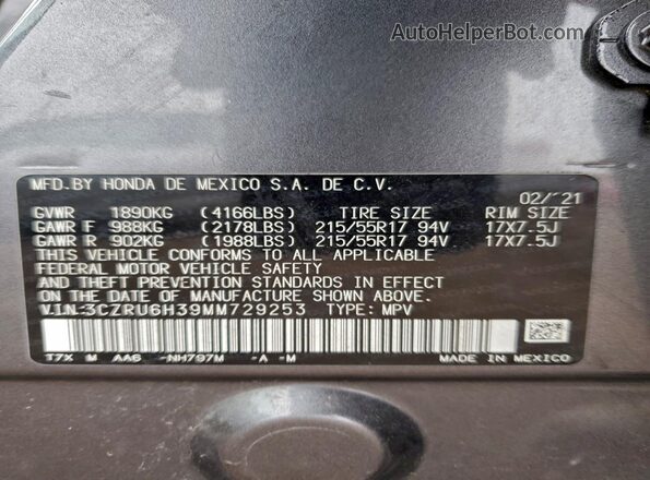 3CZRU6H39MM729253 2021 HONDA HR-V Gray 