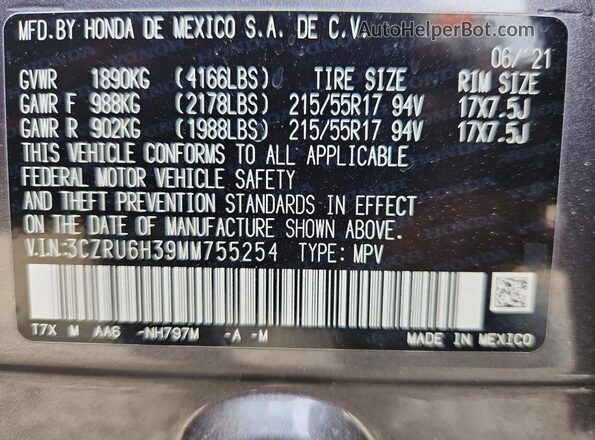 3CZRU6H39MM755254 2021 HONDA HR-V Gray Widok naklejki z numerem VIN