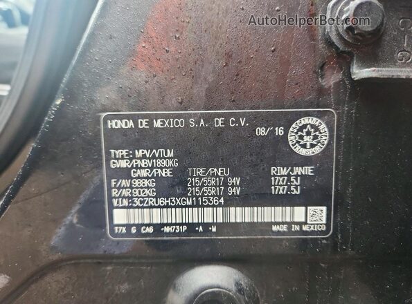 3CZRU6H3XGM115364 2016 HONDA HR-V Black Вид наклейки з VIN-кодом