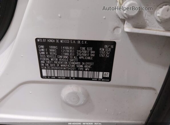 3CZRU6H3XGM754201 2016 HONDA HR-V White Vista del compartimento del motor