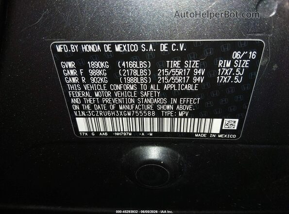 3CZRU6H3XGM755588 2016 HONDA HR-V Gray Շարժիչի բաժամունքի տեսք