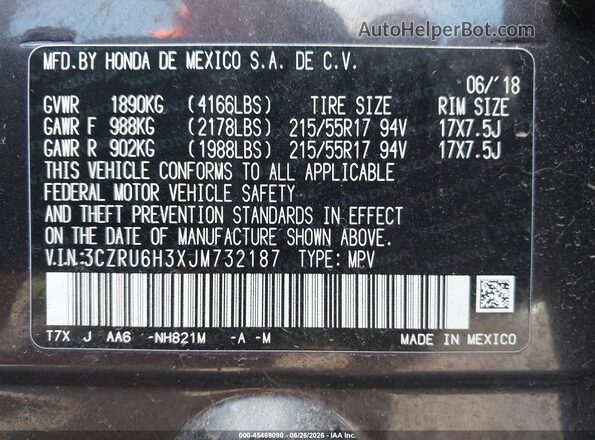 3CZRU6H3XJM732187 2018 HONDA HR-V Gray Շարժիչի բաժամունքի տեսք