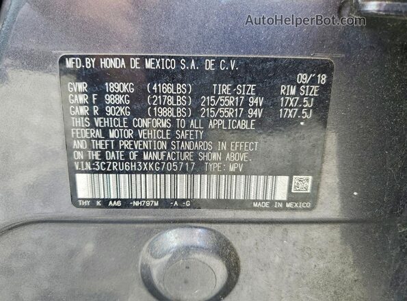 3CZRU6H3XKG705717 2019 HONDA HR-V Gray 