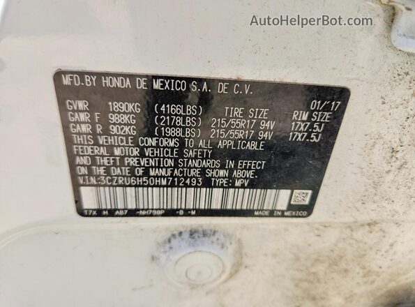 3CZRU6H50HM712493 2017 HONDA HR-V White Widok wnętrza 360 stopni