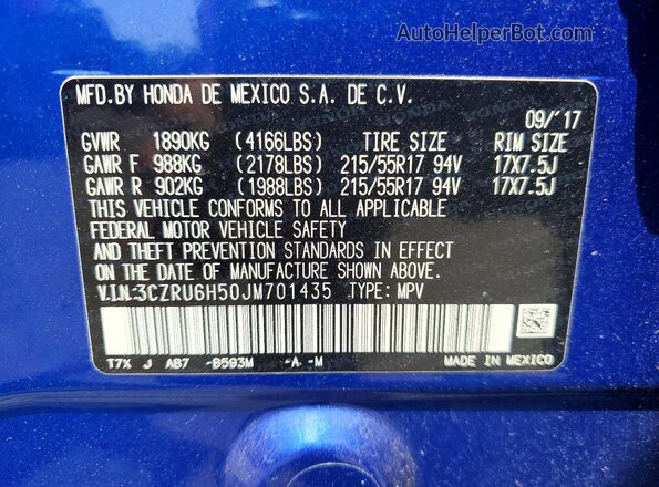 3CZRU6H50JM701435 2018 HONDA HR-V Blue Widok naklejki z numerem VIN
