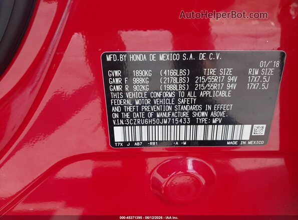 3CZRU6H50JM715433 2018 HONDA HR-V Red Շարժիչի բաժամունքի տեսք