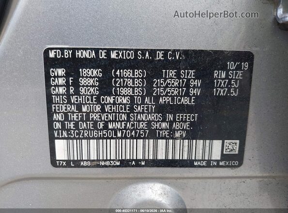 3CZRU6H50LM704757 2020 HONDA HR-V Silver Engine compartment view