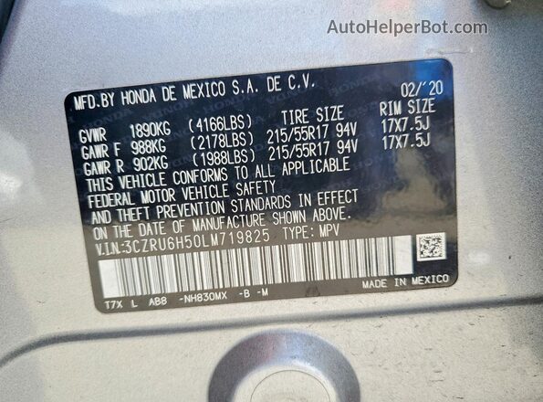 3CZRU6H50LM719825 2020 HONDA HR-V Silver 