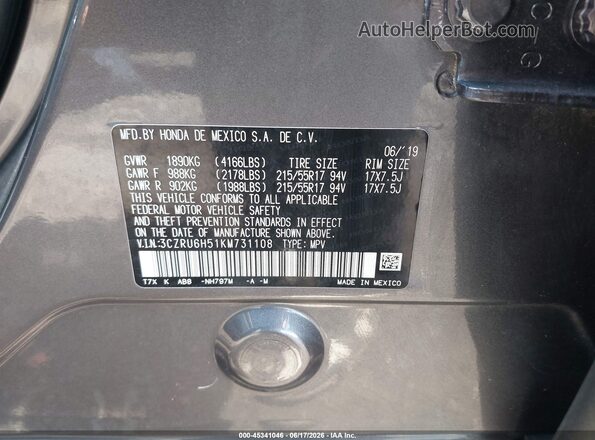 3CZRU6H51KM731108 2019 HONDA HR-V Gray 
