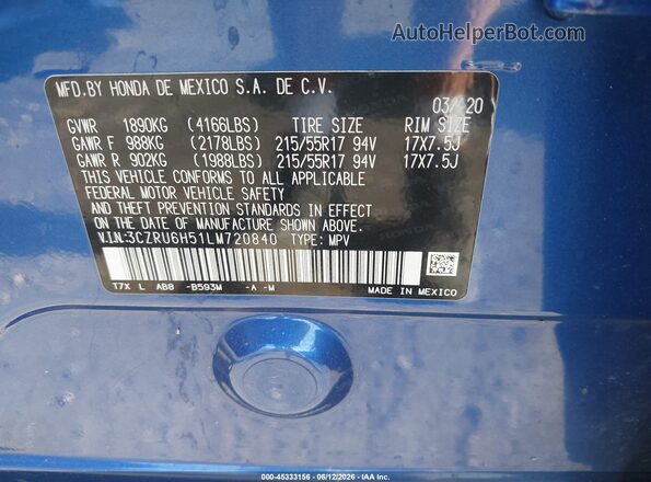 3CZRU6H51LM720840 2020 HONDA HR-V Blue Вид підкапотного простору