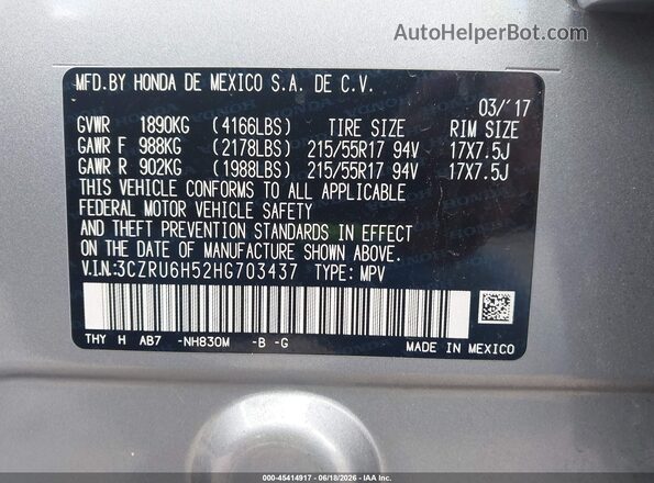 3CZRU6H52HG703437 2017 HONDA HR-V Silver Вид підкапотного простору
