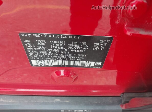 3CZRU6H52HM715461 2017 HONDA HR-V Red Вид підкапотного простору