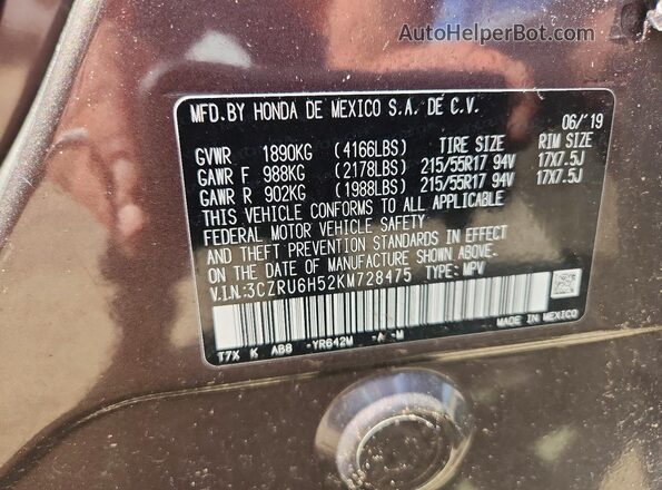 3CZRU6H52KM728475 2019 HONDA HR-V Gray Вид наклейки з VIN-кодом