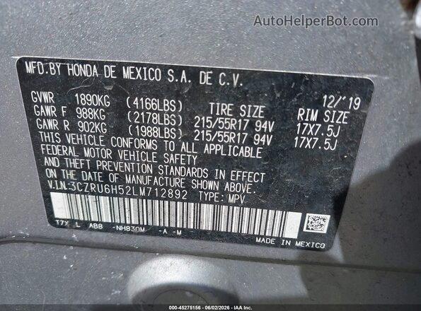 3CZRU6H52LM712892 2020 HONDA HR-V Silver ძრავის განყოფილების ხედი