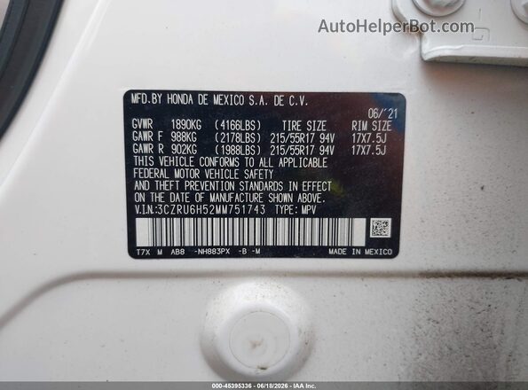 3CZRU6H52MM751743 2021 HONDA HR-V White Շարժիչի բաժամունքի տեսք