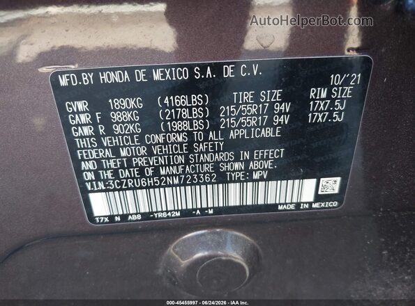 3CZRU6H52NM723362 2022 HONDA HR-V Purple Engine compartment view