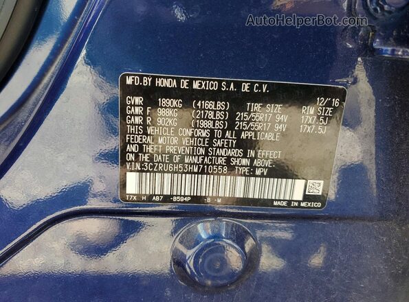3CZRU6H53HM710558 2017 HONDA HR-V Blue 