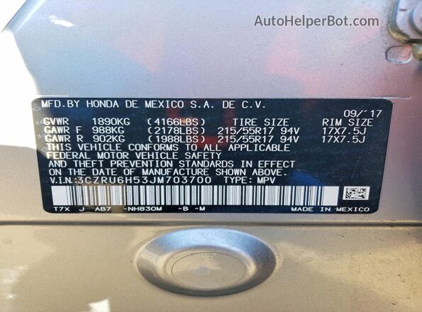 3CZRU6H53JM703700 2018 HONDA HR-V Silver 