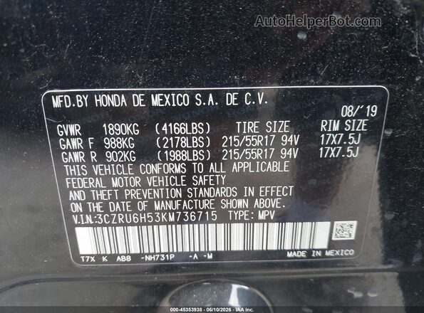 3CZRU6H53KM736715 2019 HONDA HR-V Black 