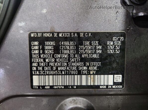 3CZRU6H53LM717860 2020 HONDA HR-V Gray VIN sticker view