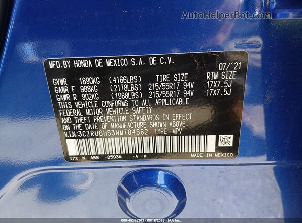 3CZRU6H53NM704562 2022 HONDA HR-V Синий Вид подкапотного пространства