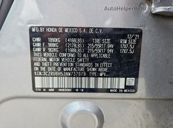 3CZRU6H53NM737979 2022 HONDA HR-V Silver VIN sticker view